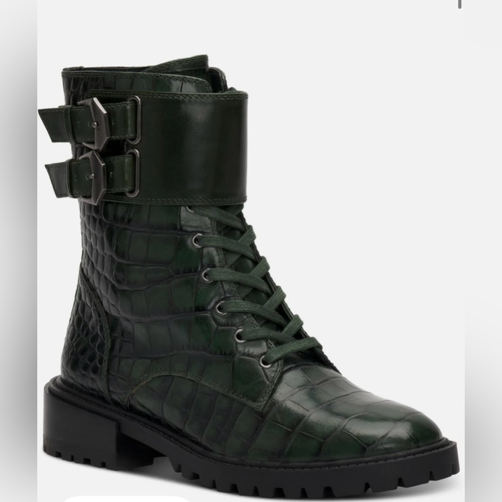 Vince Camuto Fawdry Croc Moto Boots in Deep Green Size 7 New